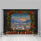 Aperturee - Aperturee Christmas Window Photography Backdrop with Snowy Village View Snowmen and Garland Holiday Photo Background